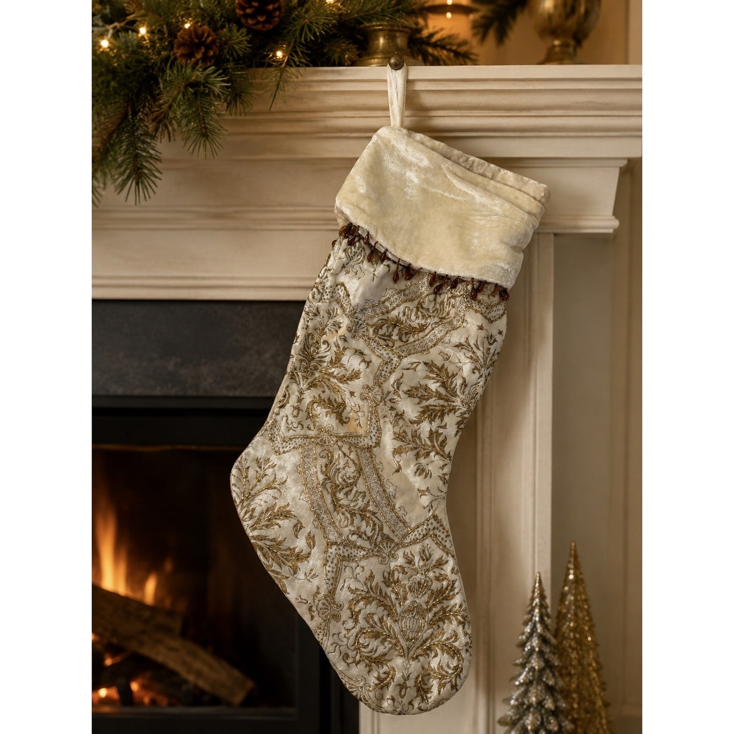 Bombay Ivory Gold Beaded Christmas Stocking Velvet Holiday Decor Mantel Hanging 20"