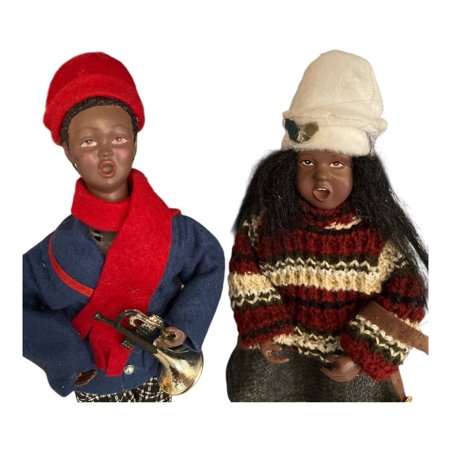 Handmade Black Caroler Dolls – Boy with Trumpet & Girl with Purse – 9” on Wood Stands