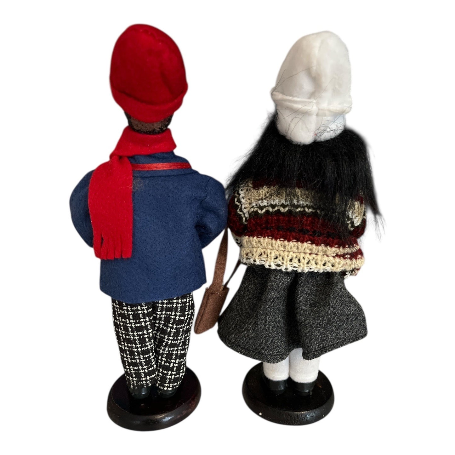 Handmade Black Caroler Dolls – Boy with Trumpet & Girl with Purse – 9” on Wood Stands