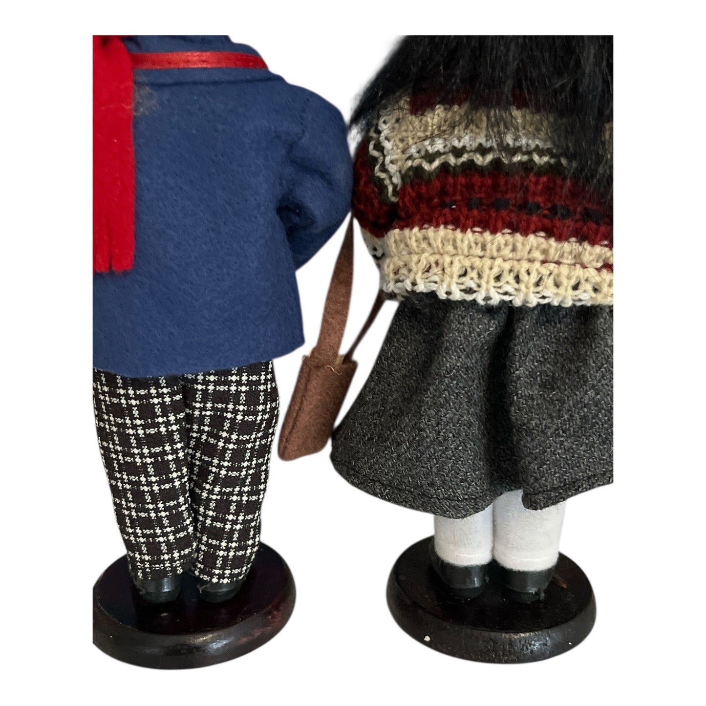 Handmade Black Caroler Dolls – Boy with Trumpet & Girl with Purse – 9” on Wood Stands