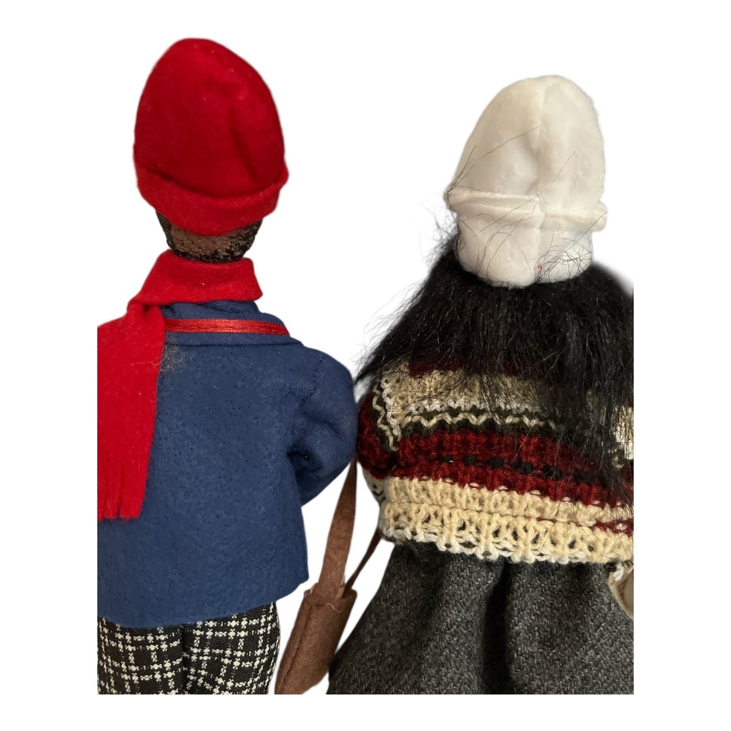 Handmade Black Caroler Dolls – Boy with Trumpet & Girl with Purse – 9” on Wood Stands