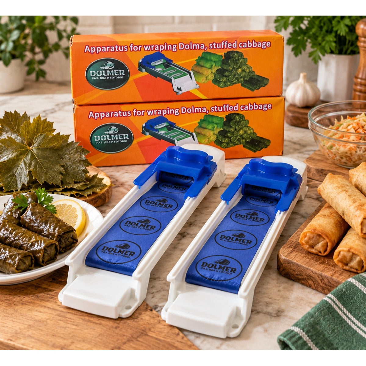 Dolmer Lumpia Dolma Grape Leaf Rolling Machines Set of 2 Original Boxes