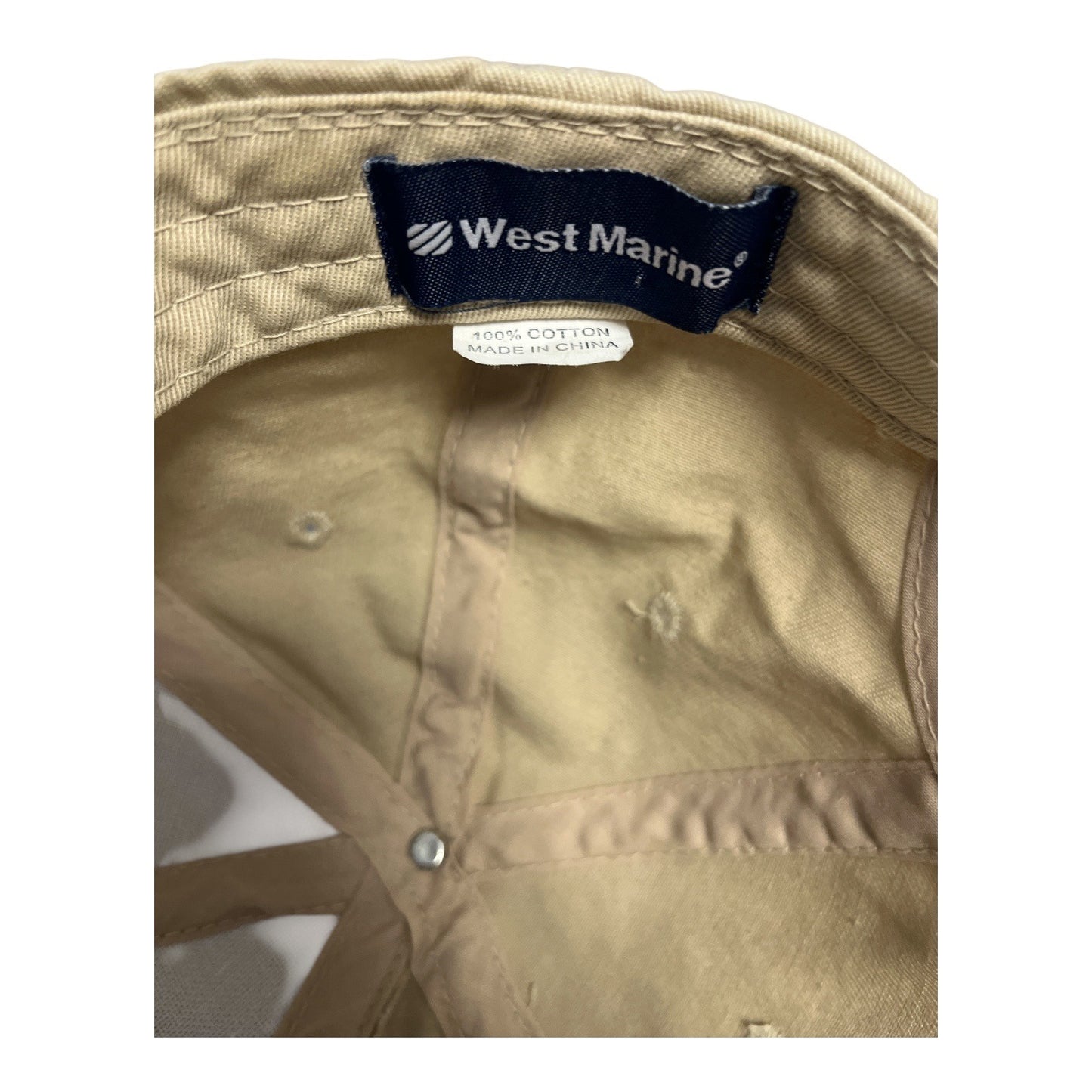 Vintage Y2K West Marine Nautical Crest Hat – Beige Cotton Adjustable Cap – Ship & Flags Embroidery