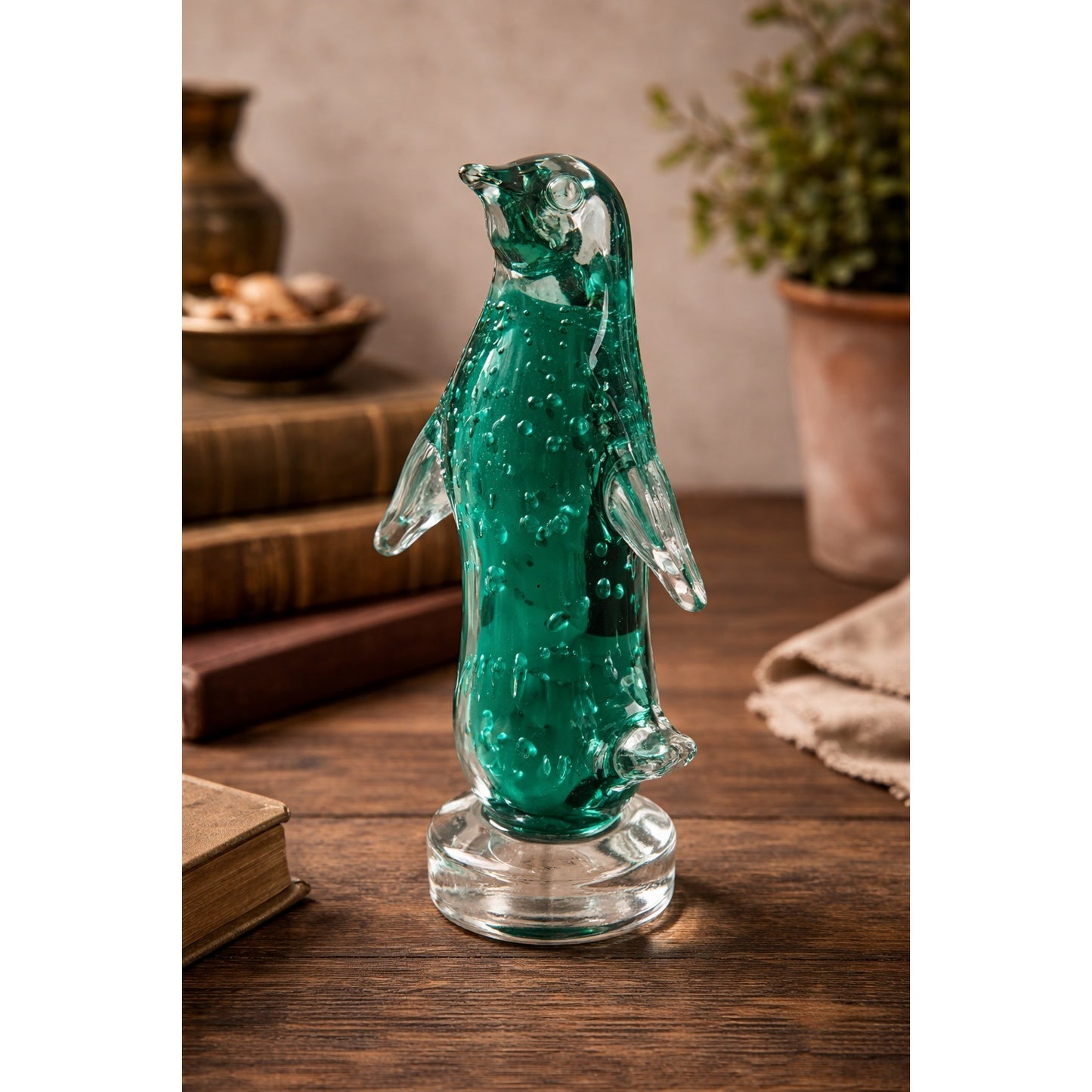 Vintage Art Glass Penguin Figurine Controlled Bubble Green Sculpture