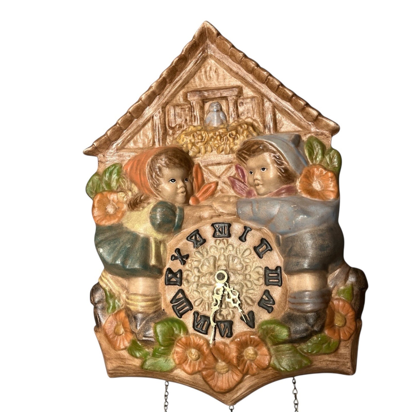 Vintage 1970s Hobbyist Ceramic Chalet Wall Clock – Children & Floral Design