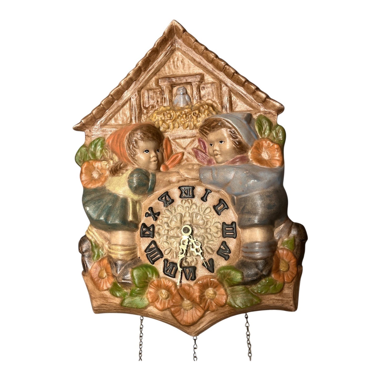 Vintage 1970s Hobbyist Ceramic Chalet Wall Clock – Children & Floral Design