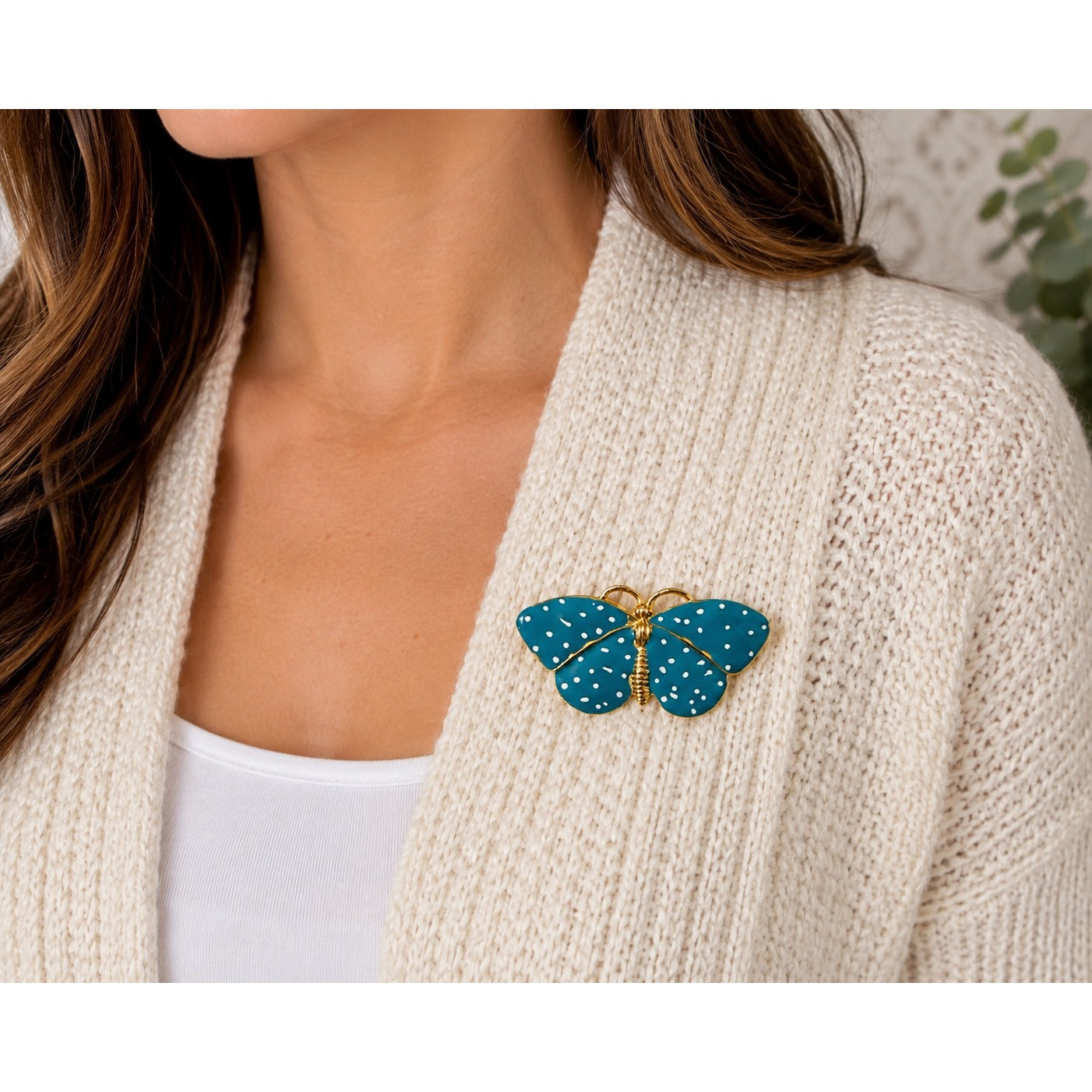 Vintage Blue White Polka Dot Enamel Butterfly Brooch Gold Tone Pin