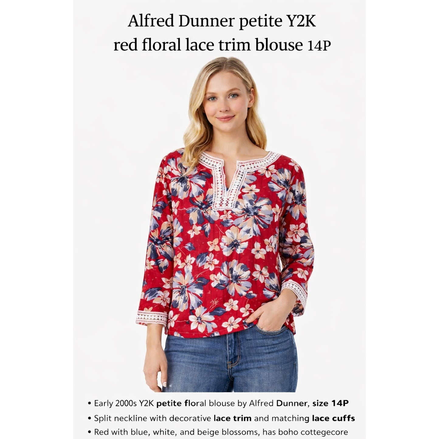 Alfred Dunner Petite Y2K Red Floral Lace Trim Blouse 14P