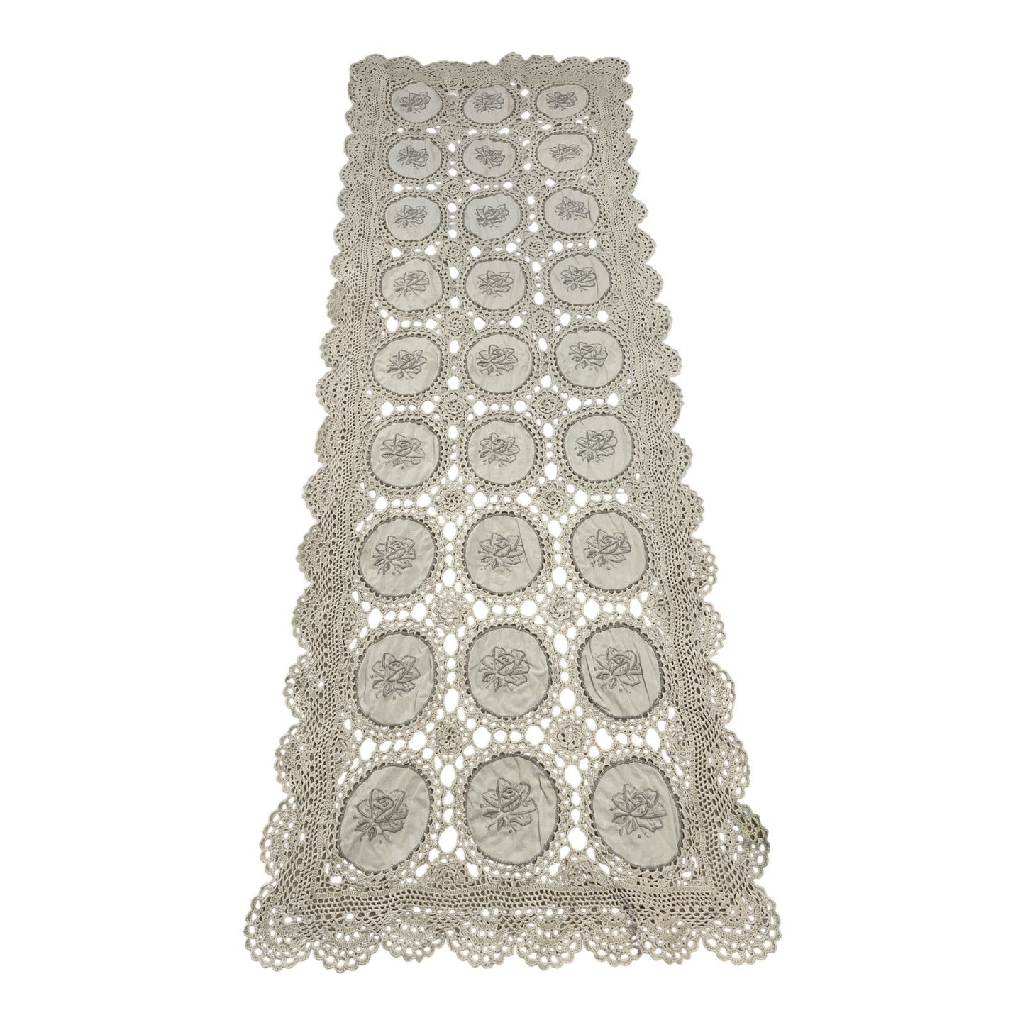 Vintage Handmade Crochet Lace Panel with Embroidered Roses – 40 x 14 Inches – Ecru – Double-Sided