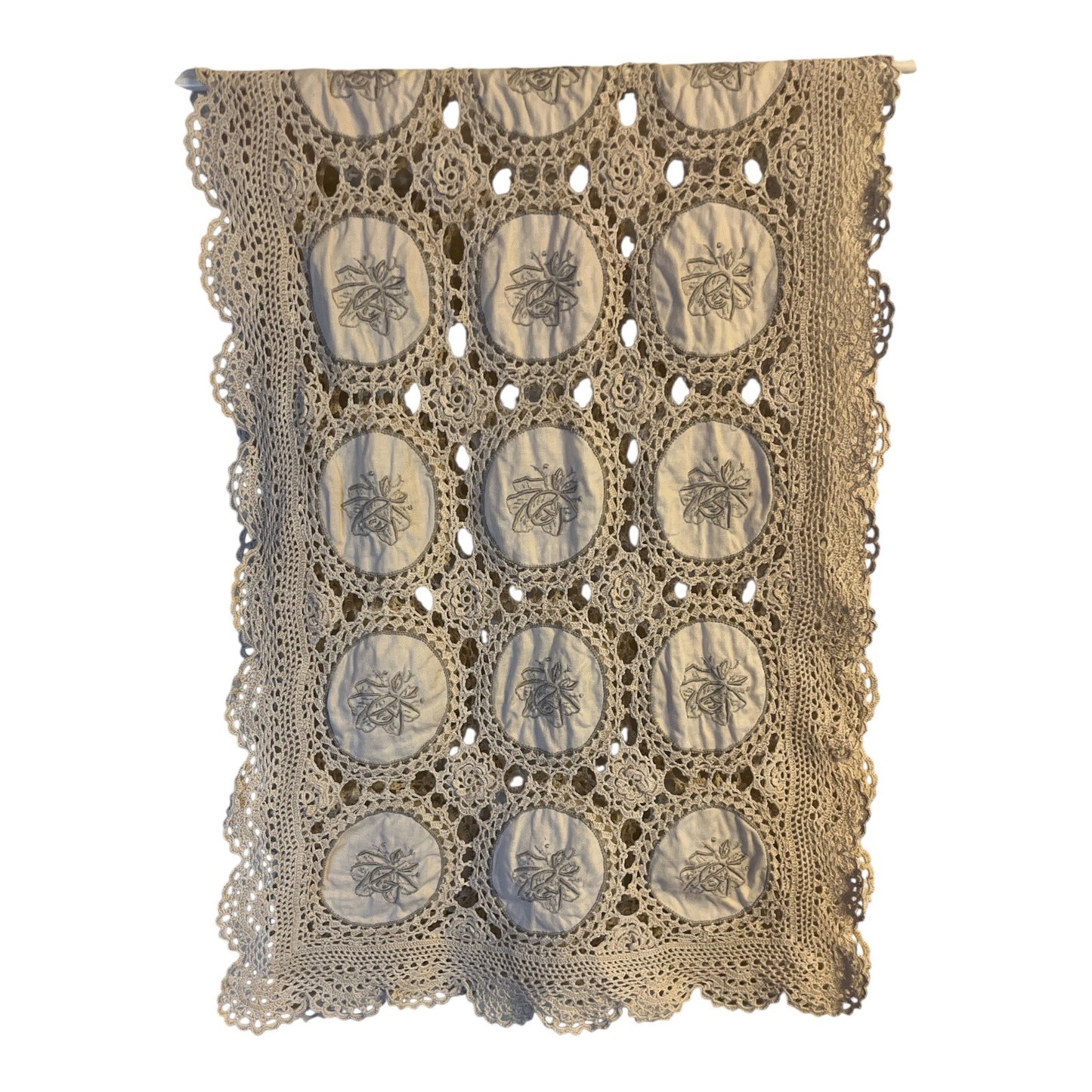Vintage Handmade Crochet Lace Panel with Embroidered Roses – 40 x 14 Inches – Ecru – Double-Sided