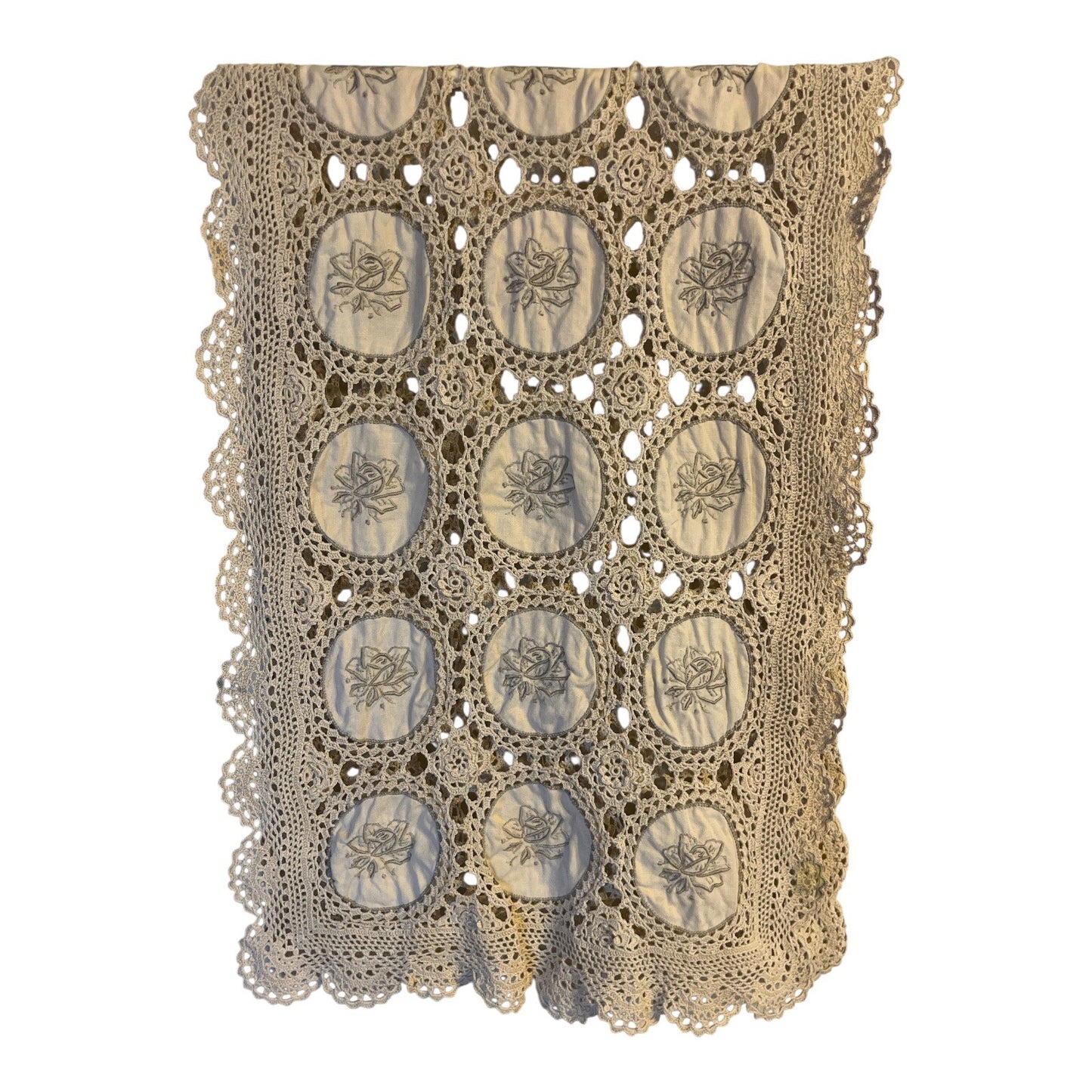 Vintage Handmade Crochet Lace Panel with Embroidered Roses – 40 x 14 Inches – Ecru – Double-Sided