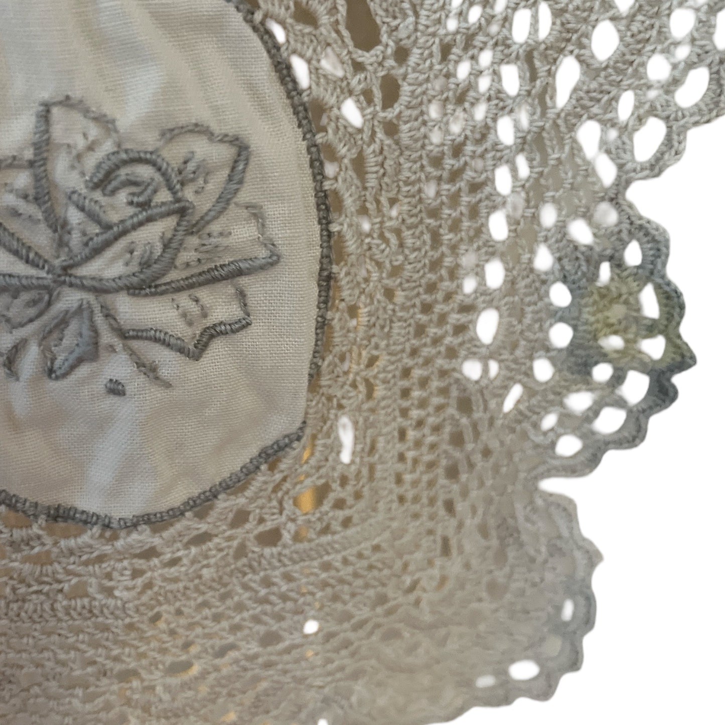 Vintage Handmade Crochet Lace Panel with Embroidered Roses – 40 x 14 Inches – Ecru – Double-Sided