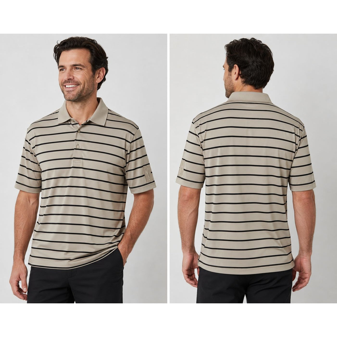 PGA Tour Airflux Striped Golf Polo Shirt Mens XXL Beige Black Performance Short Sleeve