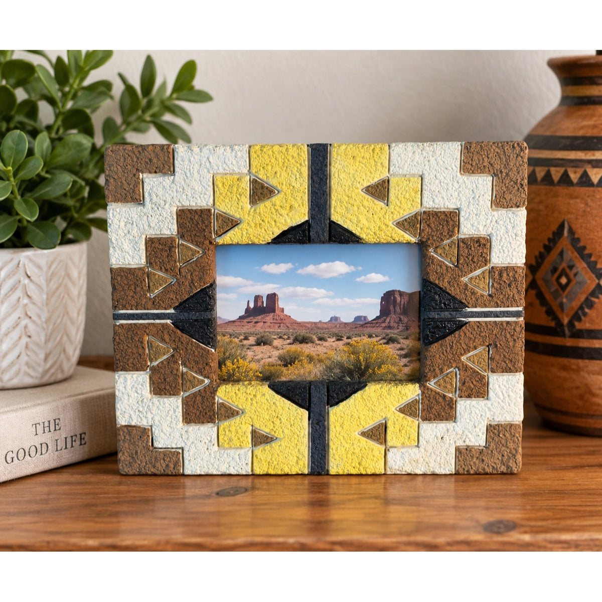 Southwestern Geometric Picture Frame Tribal Style Brown Yellow White 6x5