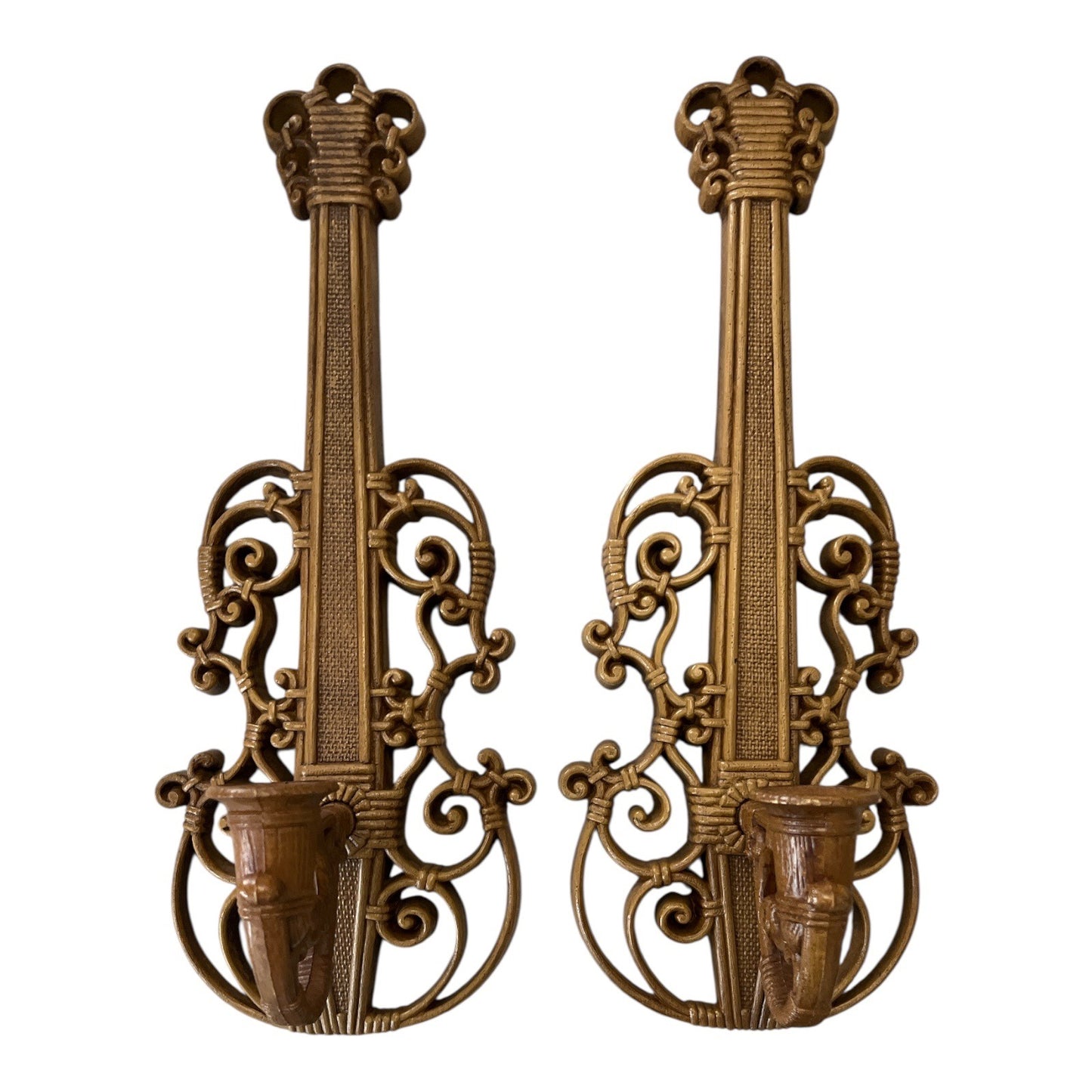 Pair of 1963 Homco Syroco Wall Sconces – Gold Violin Candle Holders – Rococo Hollywood Regency