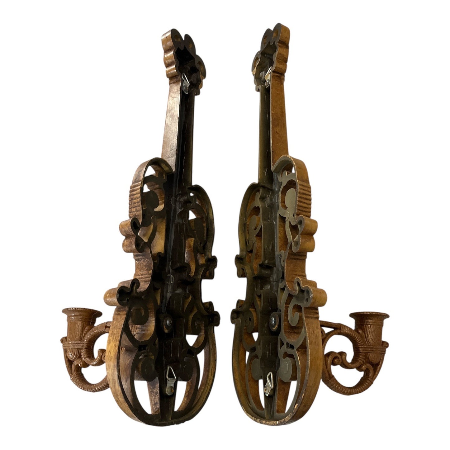 Pair of 1963 Homco Syroco Wall Sconces – Gold Violin Candle Holders – Rococo Hollywood Regency
