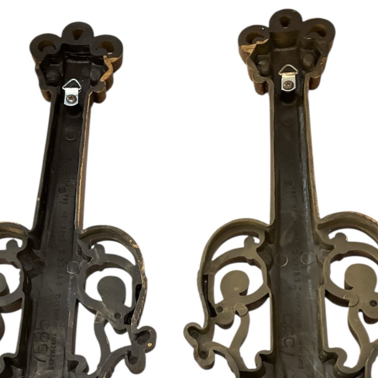 Pair of 1963 Homco Syroco Wall Sconces – Gold Violin Candle Holders – Rococo Hollywood Regency