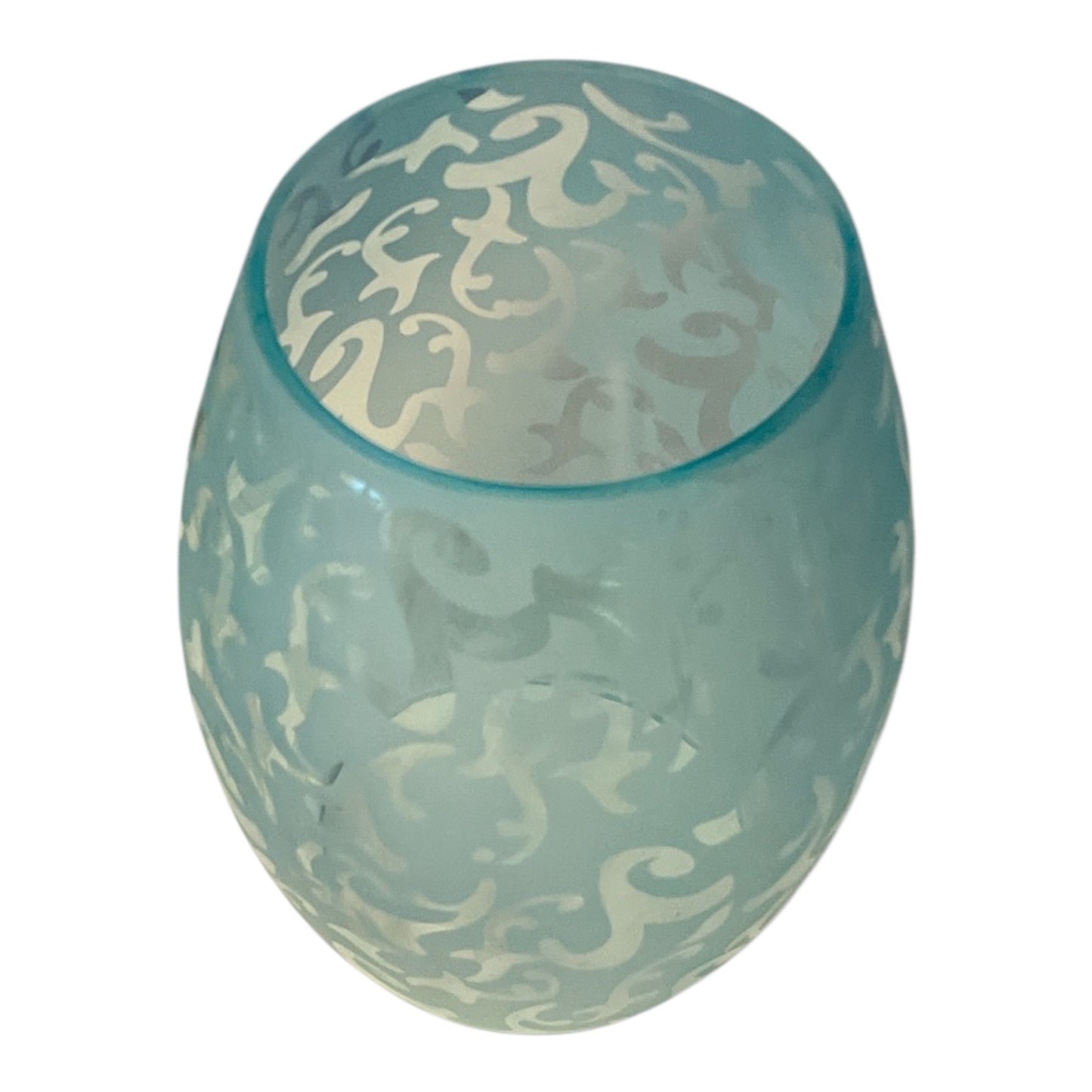 Set of 3 Frosted Aqua Blue Glass Light Fixture Shades with Etched Scroll Design – 7” Tall, 4” Openings