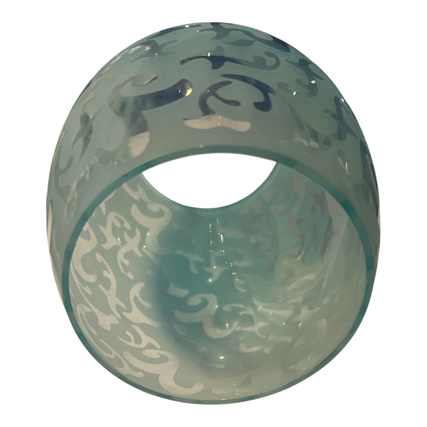 Set of 3 Frosted Aqua Blue Glass Light Fixture Shades with Etched Scroll Design – 7” Tall, 4” Openings