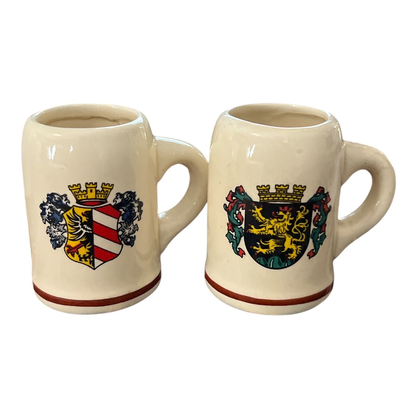 Vintage Mini German Beer Stein Mugs – Heraldic Crest Design – Ceramic – Set of 2 – 2” Tall