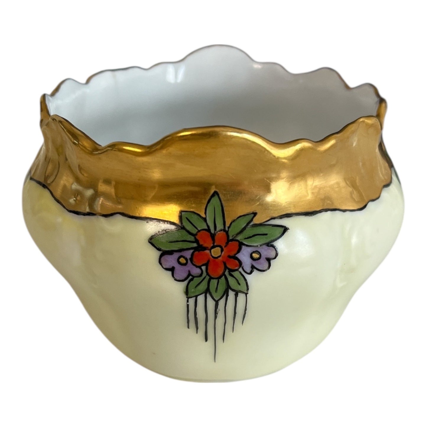 Antique German Porcelain Bowl – Hand Painted Floral with Gold Trim – Scalloped Edge – Signed