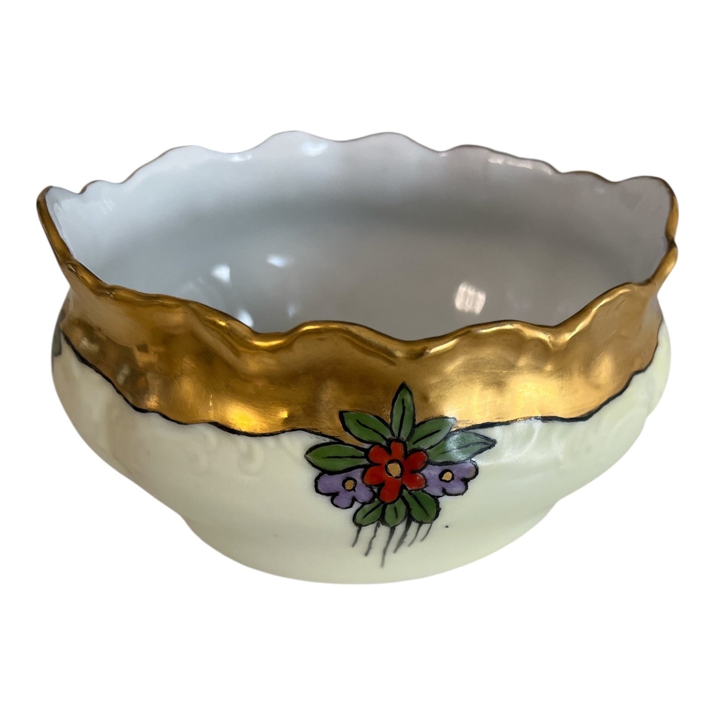 Antique German Porcelain Bowl – Hand Painted Floral with Gold Trim – Scalloped Edge – Signed