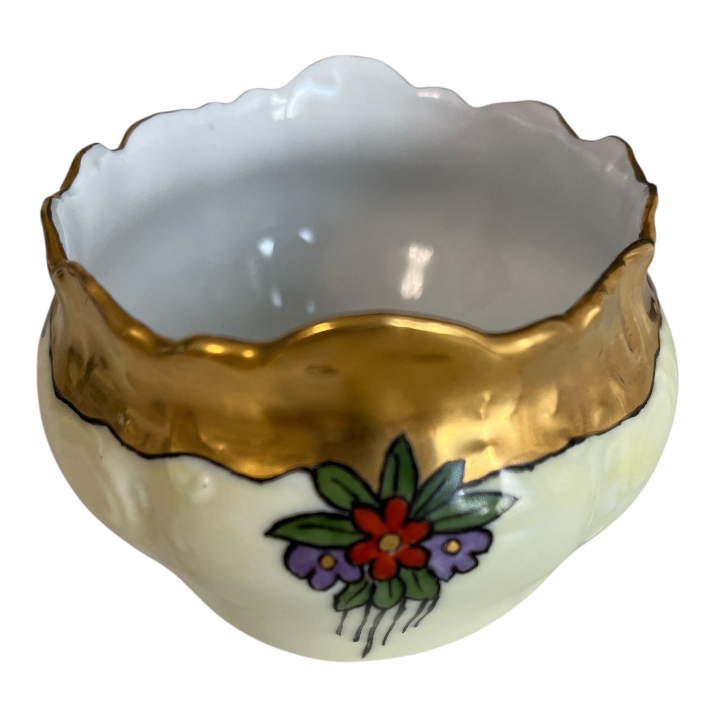 Antique German Porcelain Bowl – Hand Painted Floral with Gold Trim – Scalloped Edge – Signed