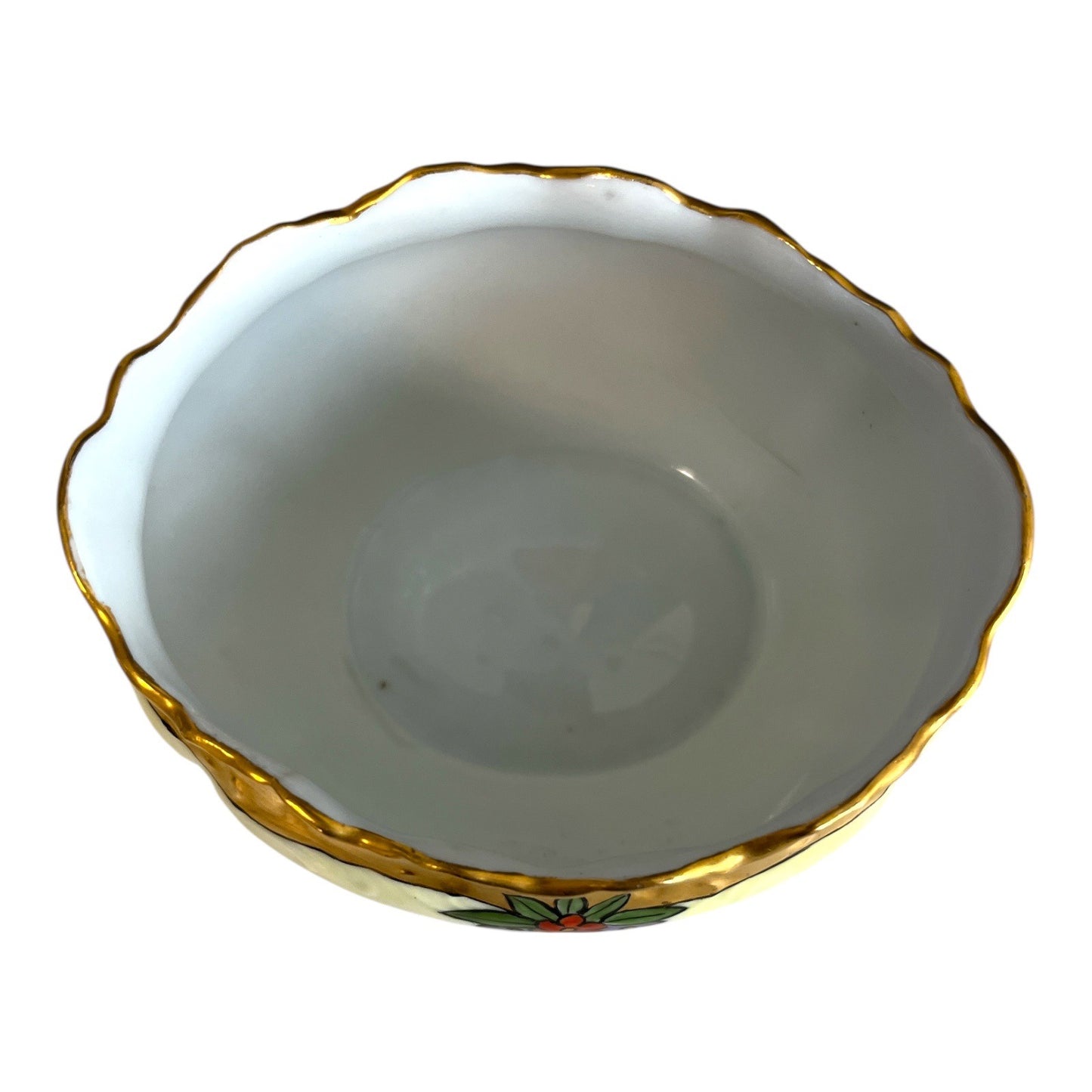Antique German Porcelain Bowl – Hand Painted Floral with Gold Trim – Scalloped Edge – Signed