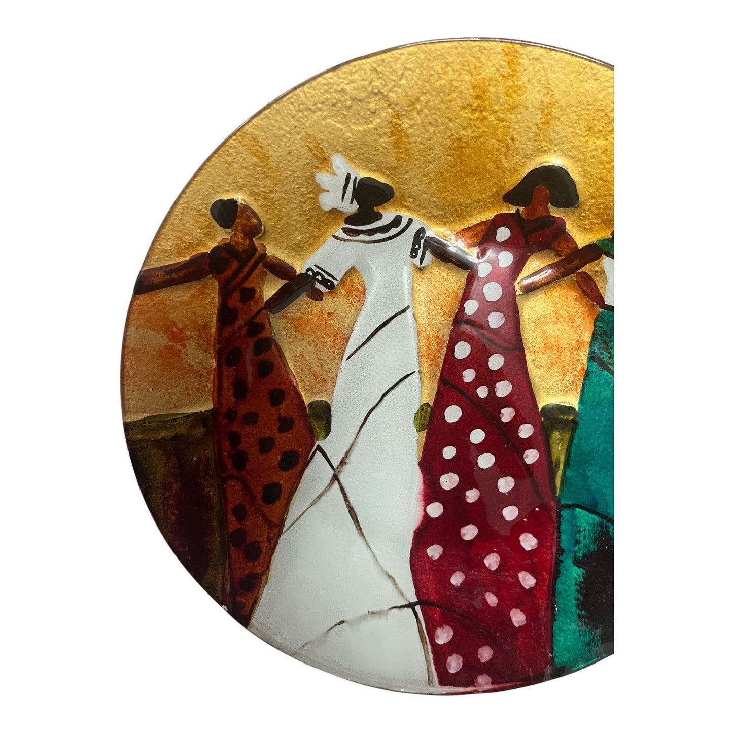 Hand-Painted African Women Ceramic Wall Plate – Vibrant Sunset Scene – 14.75"