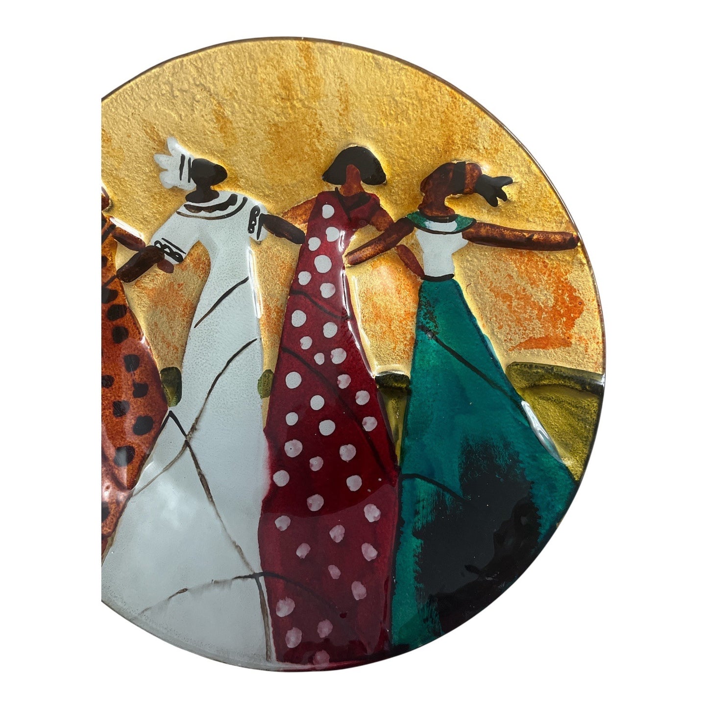 Hand-Painted African Women Ceramic Wall Plate – Vibrant Sunset Scene – 14.75"