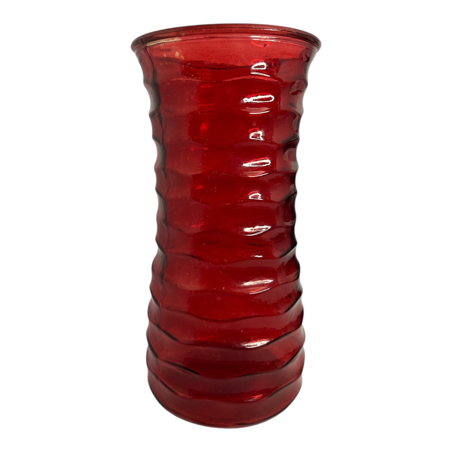 Vintage Red Swirl Glass Vase – 9.5" Tall Ribbed Pattern – Retro Ruby Art Glass