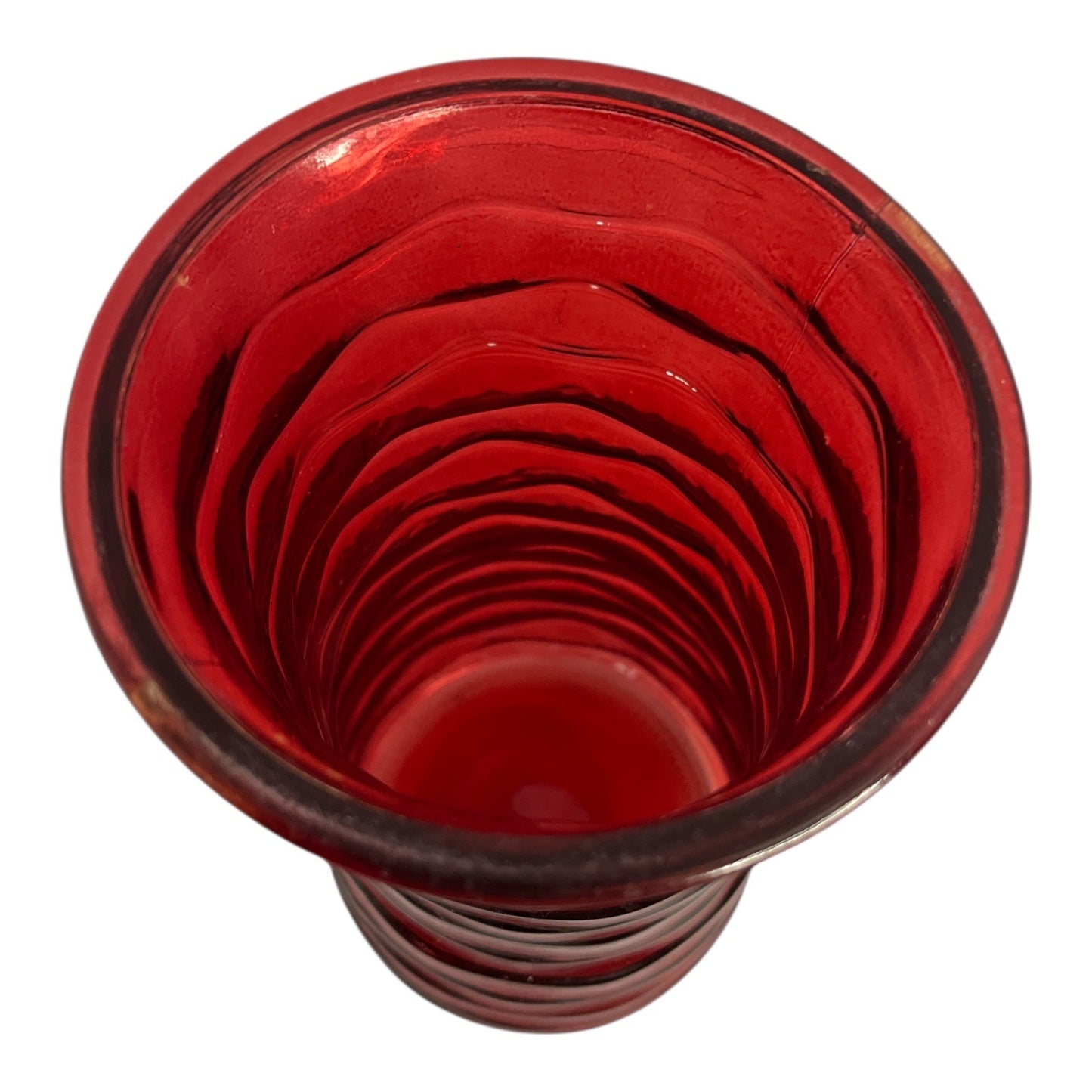 Vintage Red Swirl Glass Vase – 9.5" Tall Ribbed Pattern – Retro Ruby Art Glass