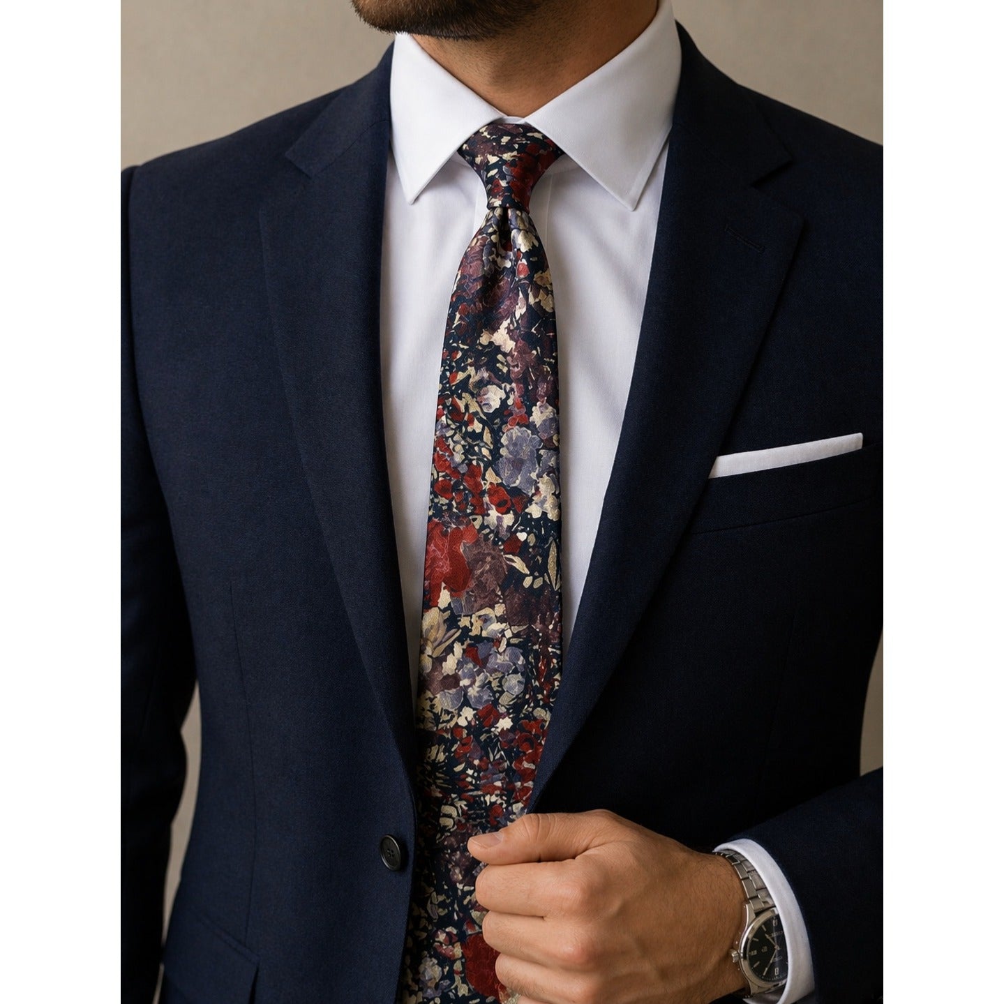 Gino Pompeii Floral Neck Tie Blue Red Vintage Style 100% Polyester