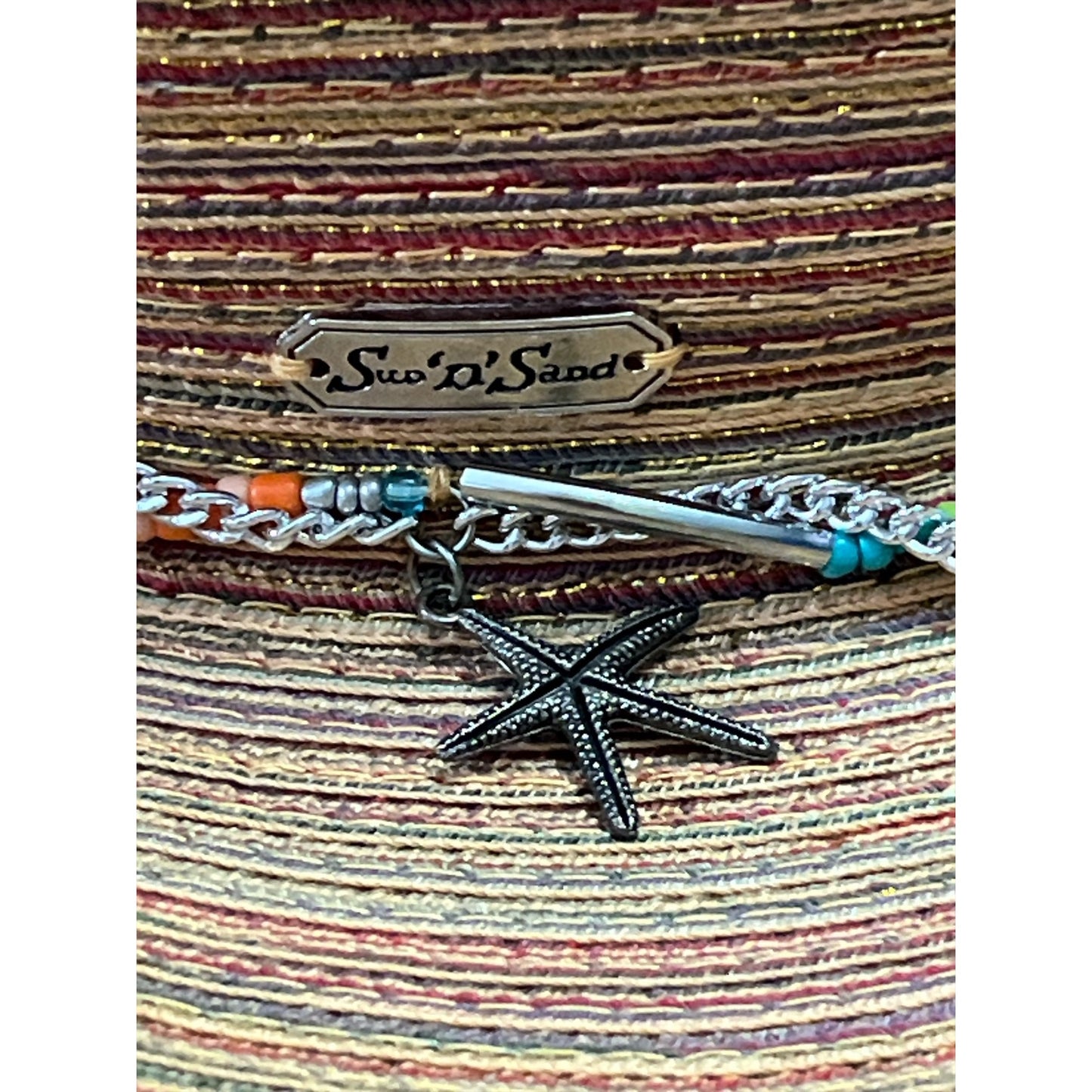 Sun N’ Sand Woven Straw Hat – Multicolor Stripe with Beaded Chain & Starfish