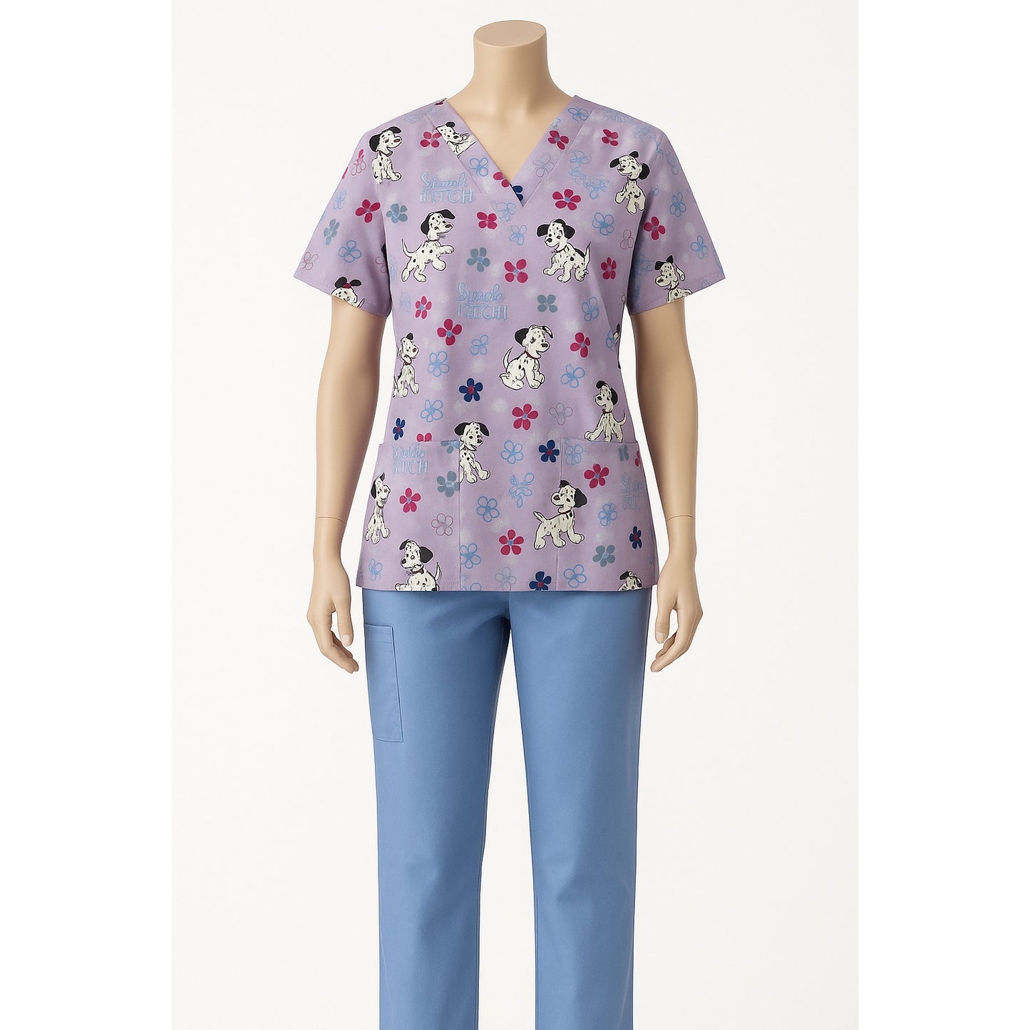 The Wonderful World of Disney Women’s Size Small Scrub Set – 101 Dalmatians “Simply Fetching” Top & Blue Pants