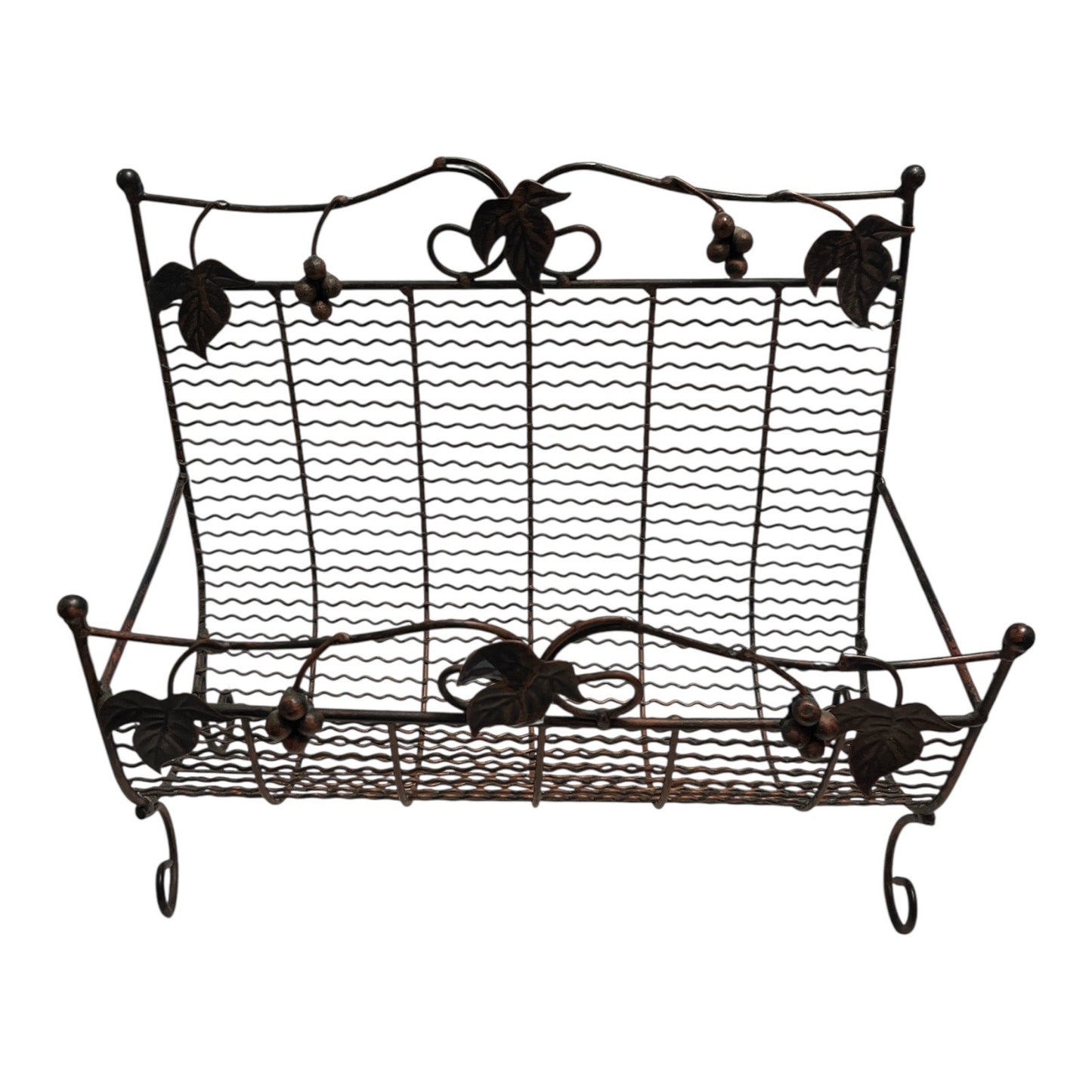 Vintage Wire Magazine Rack – Bronze Scrollwork with Grapevine Motif – Freestanding Metal Organizer
