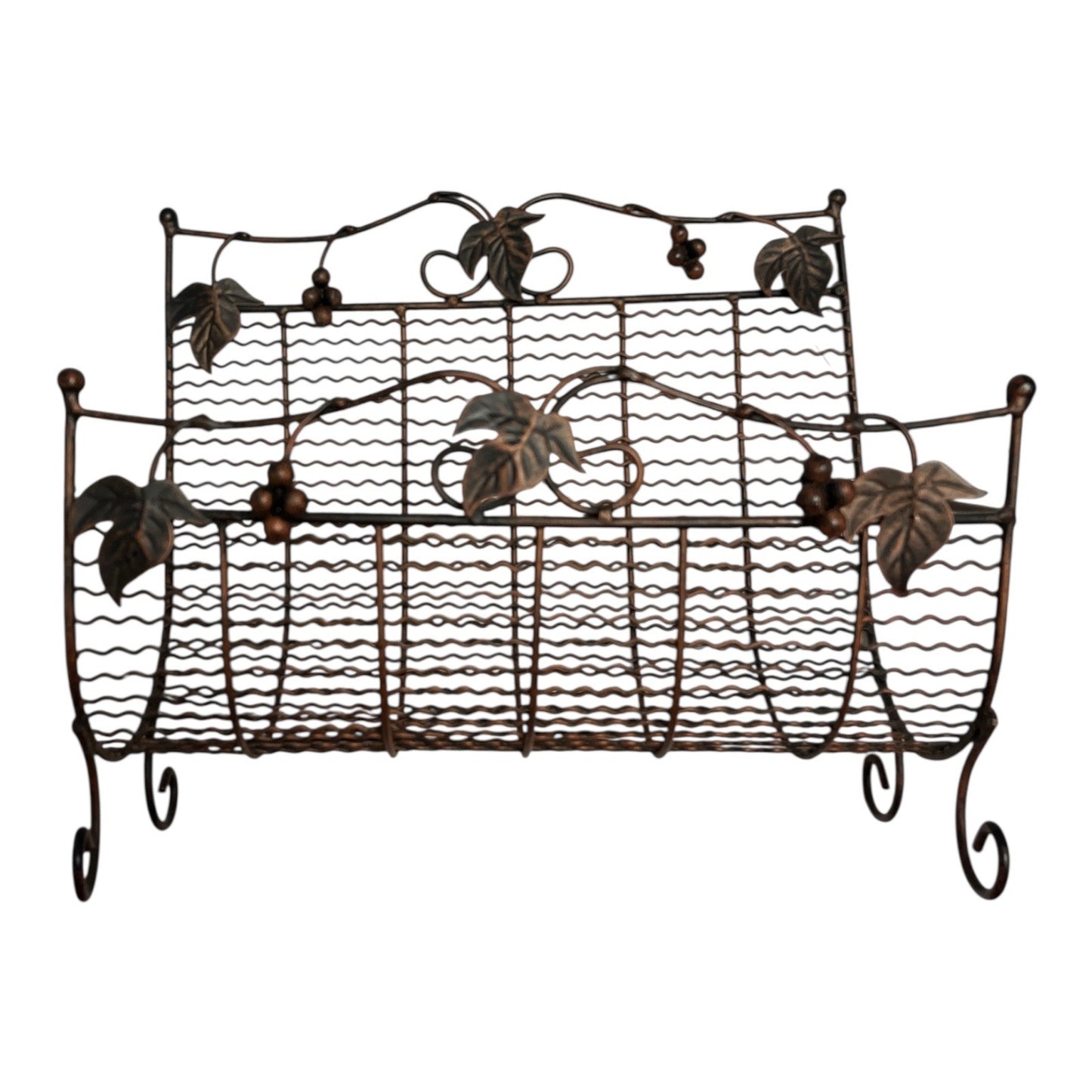 Vintage Wire Magazine Rack – Bronze Scrollwork with Grapevine Motif – Freestanding Metal Organizer