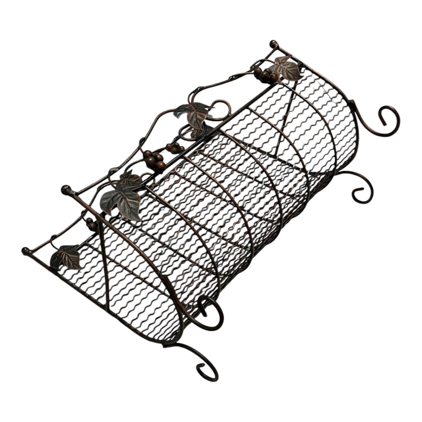 Vintage Wire Magazine Rack – Bronze Scrollwork with Grapevine Motif – Freestanding Metal Organizer
