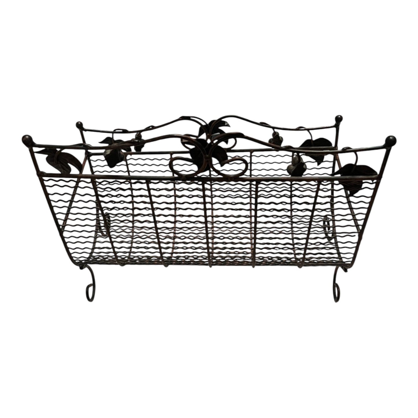 Vintage Wire Magazine Rack – Bronze Scrollwork with Grapevine Motif – Freestanding Metal Organizer