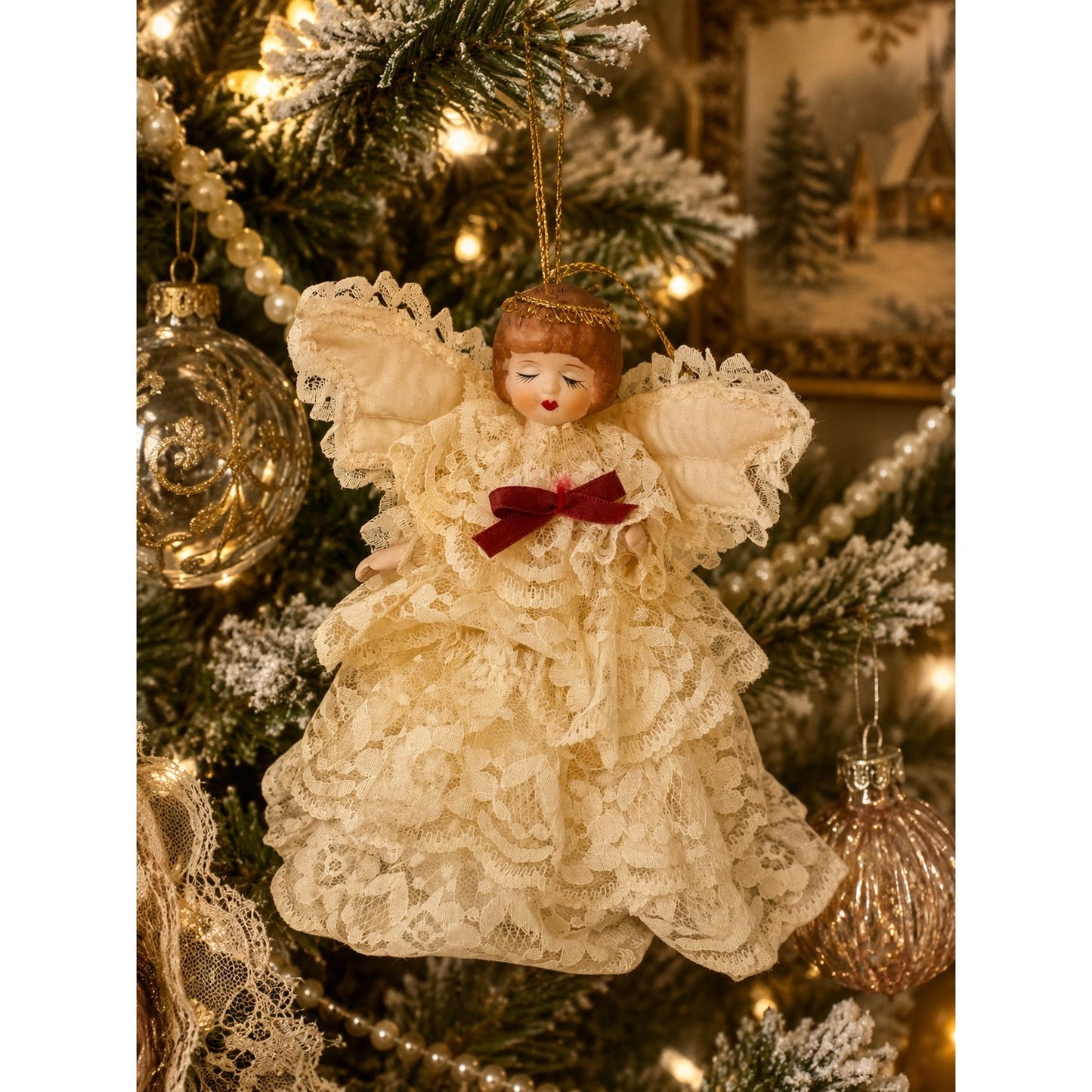 Vintage MidWest Taiwan Lace Angel Christmas Tree Ornament Cream Lace Dress 6 Inch