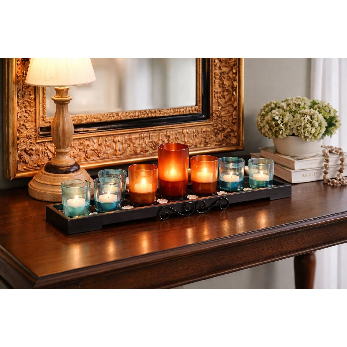 Kirkland Nine Cup Votive Garden Blue Glass Candle Holder Set Tray