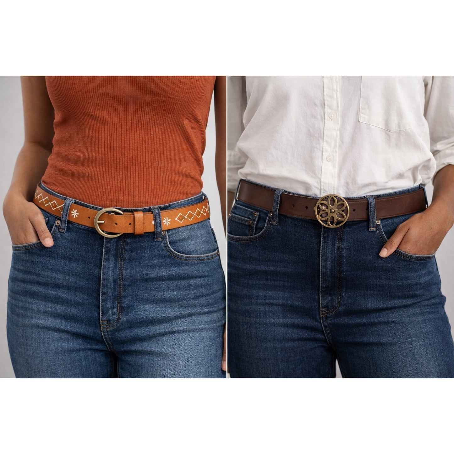 American Eagle Outfitters Leather Belt Set of 2 Brown Embroidered & Solid Medium