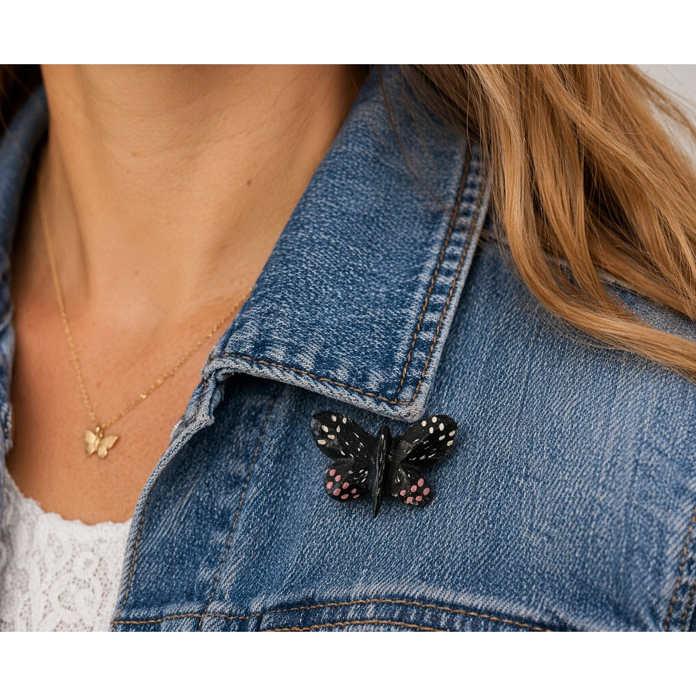 Vintage Hand Painted Wooden Butterfly Brooch Folk Art Black Butterfly Pin Signed DHK 6-8-80