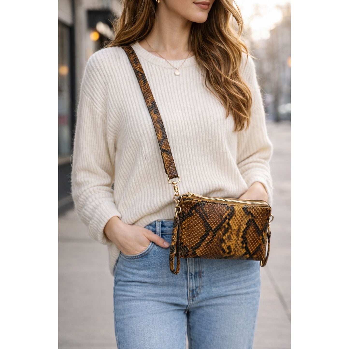 Jenn & Co Snake Print Crossbody Bag Brown Gold Convertible Wristlet Clutch Faux Leather