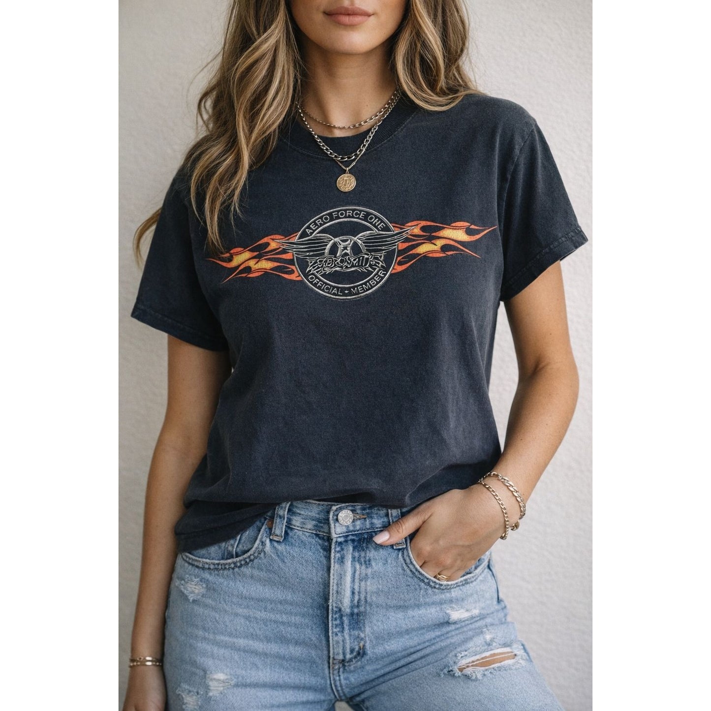 Aerosmith Aero Force One T Shirt Black Flame Logo Band Tee Small Y2K
