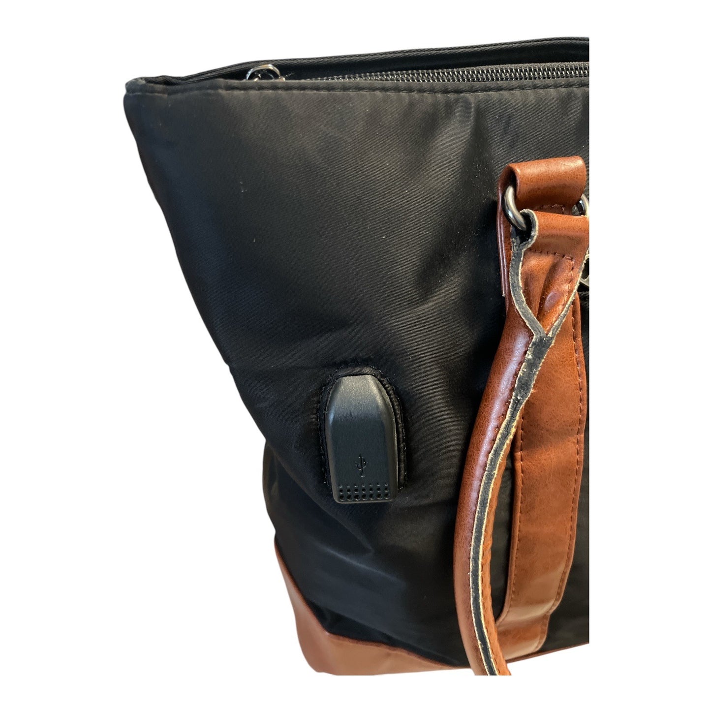 Relavel Black Nylon Tote Bag with Brown Faux Leather Trim – USB Port – Large Work Travel Bag