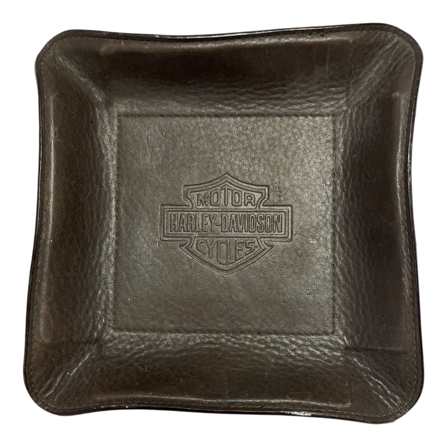 Harley-Davidson Embossed Brown Leather-Look Heavy Catchall Tray – Square 7” – 2004