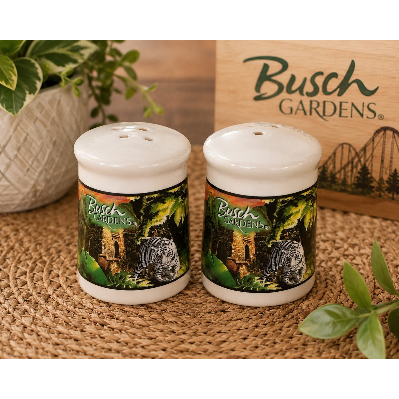 Busch Gardens White Tiger Salt & Pepper Shakers Ceramic Souvenir Set Safari Theme