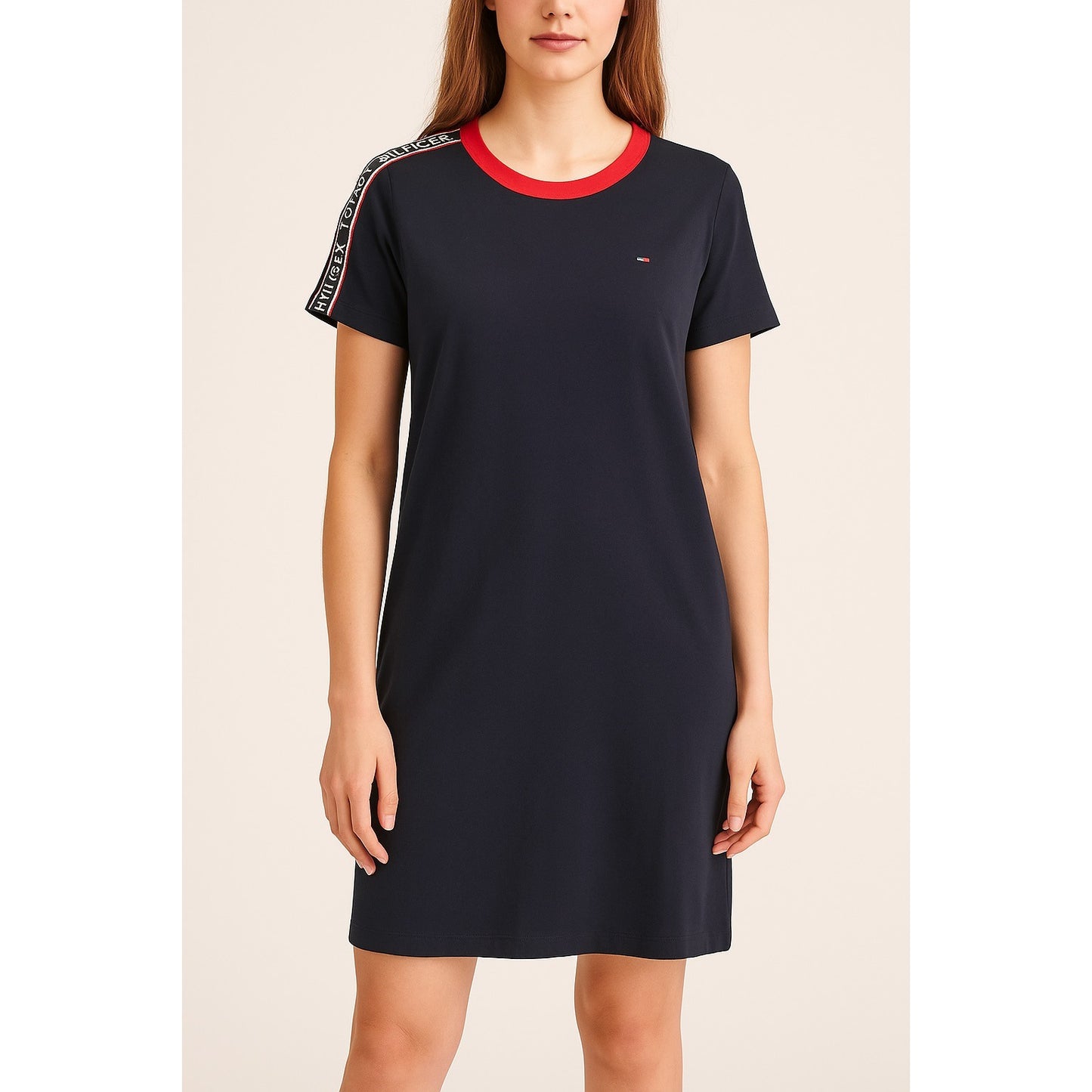 Tommy Hilfiger Women’s Navy Short Sleeve Logo Tape T-Shirt Dress Size L
