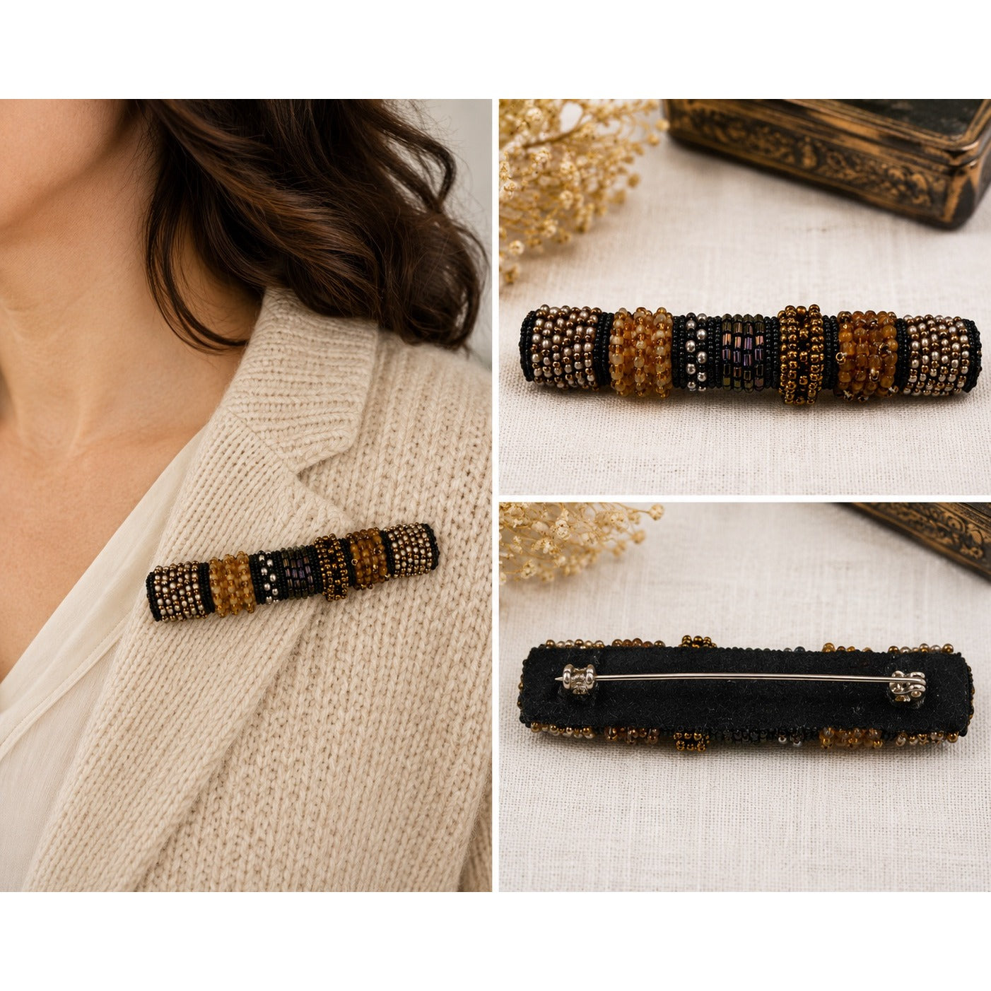 Vintage Beaded Brooch Brown Gold Black Seed Bead Faux Pearl Statement Pin Boho